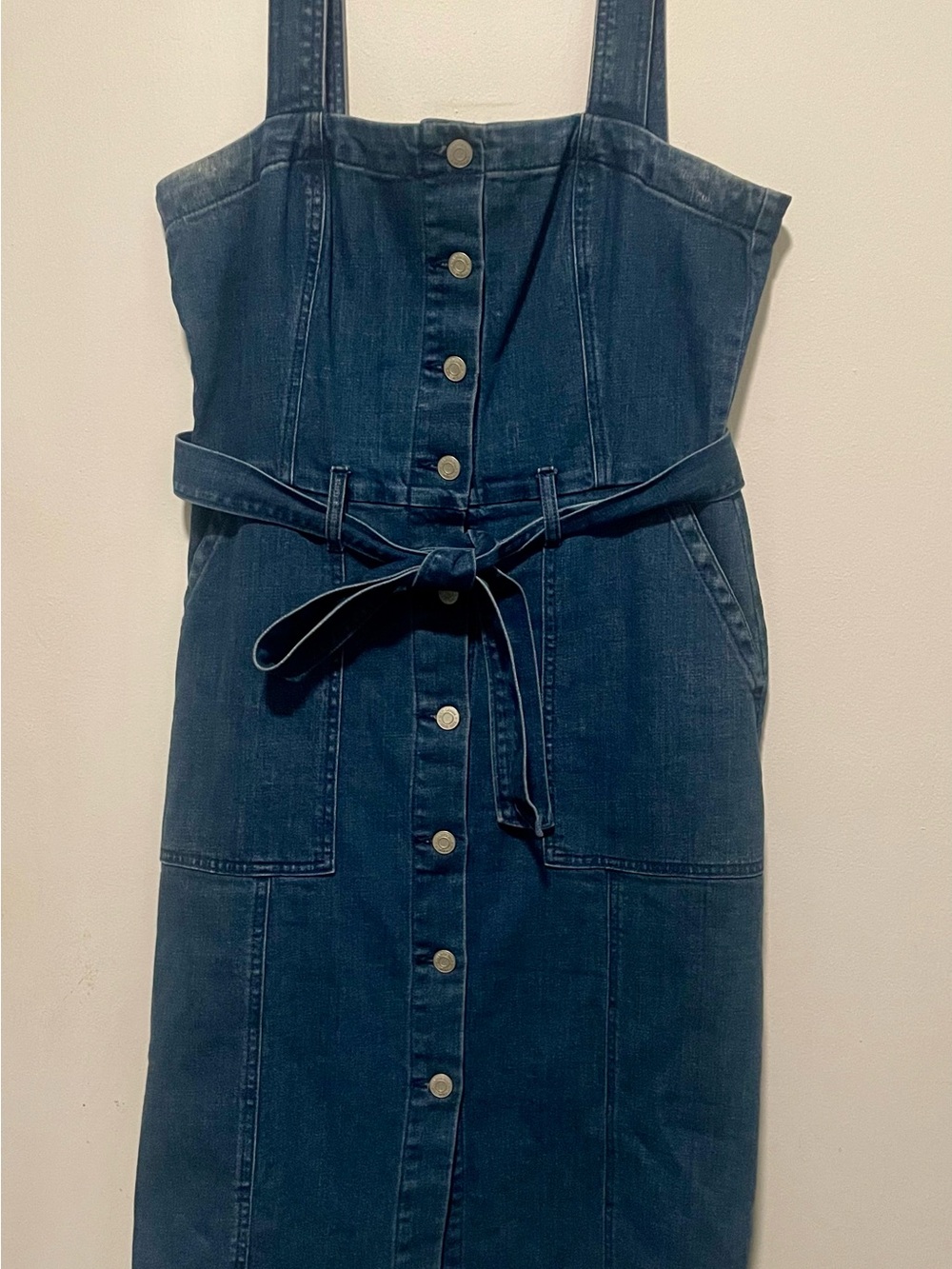 GAP Dark Blue Strapless Button-Front Denim Midi Dress with Tie Belt